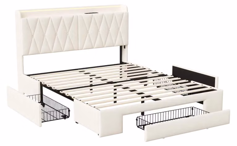 Letto imbottito 140 x 200 cm - 3 cassetti - Spazio contenitivo nella testiera - Illuminazione LED - Rivestimento in velluto - Beige