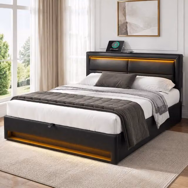 Letto contenitore Mivray imbottito in similpelle nero con illuminazione LED 12 colori, porte USB e ricarica wireless, L/P: 140 x 190 cm