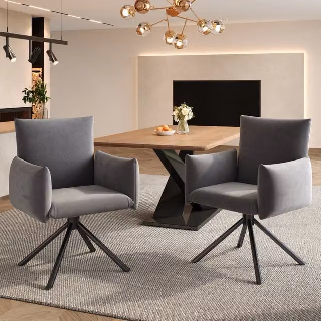 Set di 2 sedie da pranzo Zephmum girevoli a 360 gradi con supporto lombare, rivestimento in velluto grigio e gambe in metallo