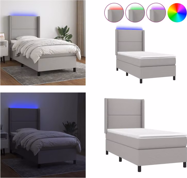 vidaXL Letto a molle con materasso e LED in tessuto grigio chiaro 90x190 cm - Letto a molle - Boxspringbetten - Bett - Schlafzimmermöbel