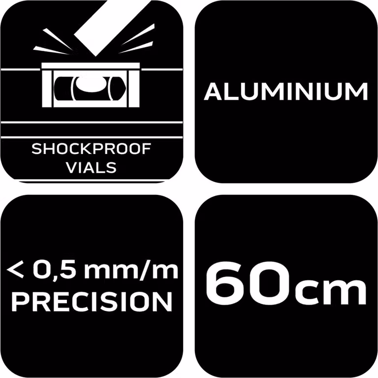 NEO TOOLS livella in alluminio, 0,5 mm/m 40, 60, 80, 100, 120, 150, 200 cm livella a bolla con attacco antiurto - 60 cm