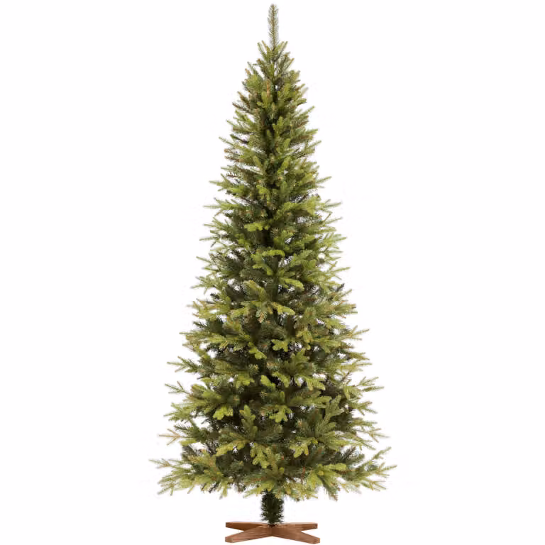 FAIRYTREES Albero di Natale 220 cm Nordman Premium SLIM | Elementi naturali realizzati ad iniezione| in UE | albero con supporto in legno di frassino fatto a mano