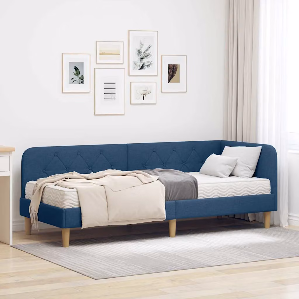 Cornice del letto ad angolo vidaXL in tessuto blu con struttura in legno e doghe, L 80 x P 200 cm – 1