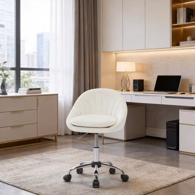 Sedia da ufficio ergonomica moderna in velluto beige con base in metallo e rotelle, girevole a 360 gradi per casa e ufficio – 1