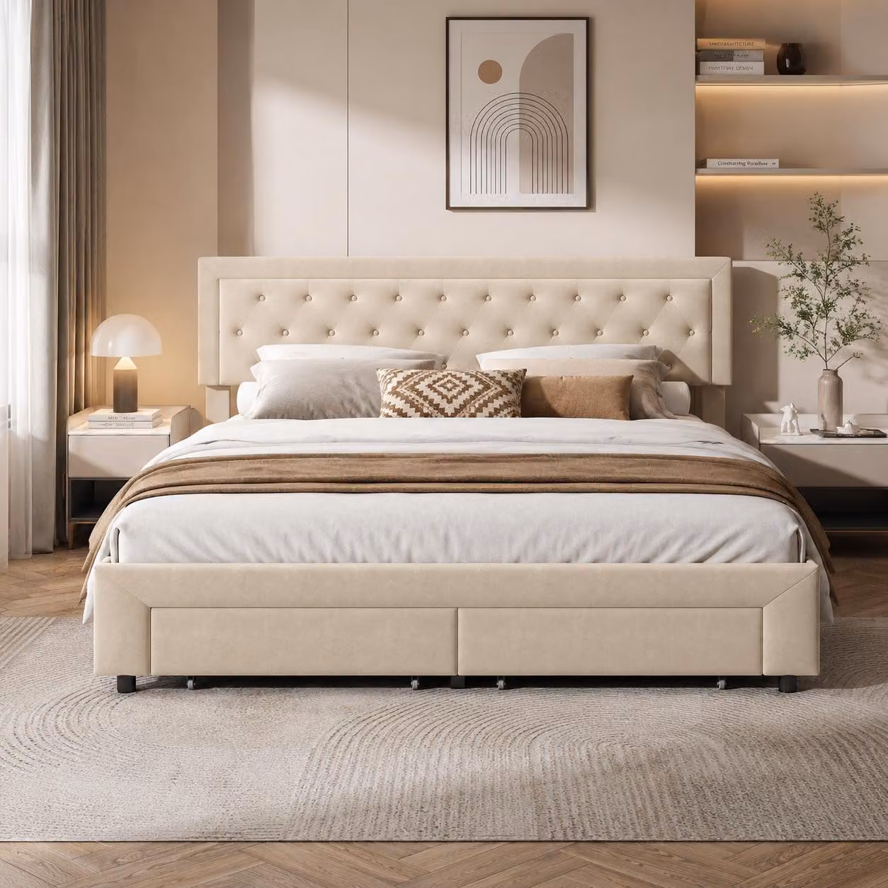 INONEFT, Letto imbottito idraulico 180x200 cm, letto matrimoniale con 2 cassetti, struttura a molle con rete a doghe, senza materasso, rivestito in velluto color beige