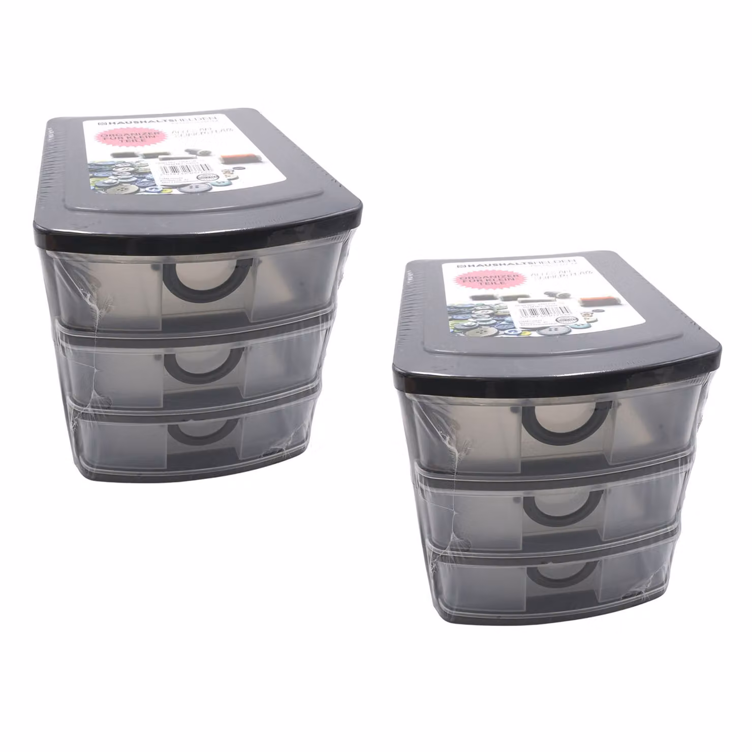 Set da 2 contenitori con cassetti in plastica, dimensioni 19 x 14,5 x 16 cm, con 3 cassetti. Organizzatore impilabile, contenitore per piccoli oggetti