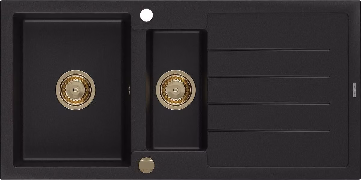 Mexen Andres lavello in granito 1,5 vasche con gocciolatoio 1000 x 500 mm nero, sifone dorato - 6515101510-77-G