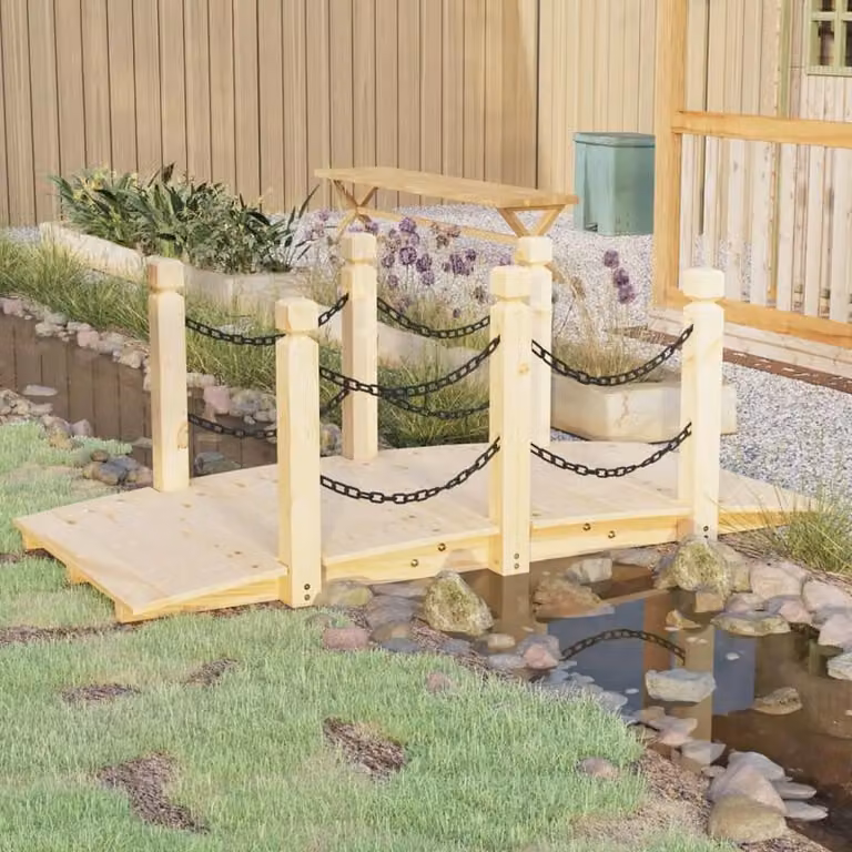 Ponte da giardino in legno massello di pino, con ringhiera a catena - 150x67x56 cm. Ponte esterno resistente alle intemperie, ideale per terrazzi e giardini