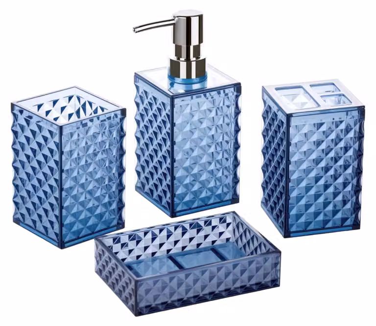 Set di accessori per il bagno – Set da 4 pezzi, motivo a rombi in plastica, design quadrato