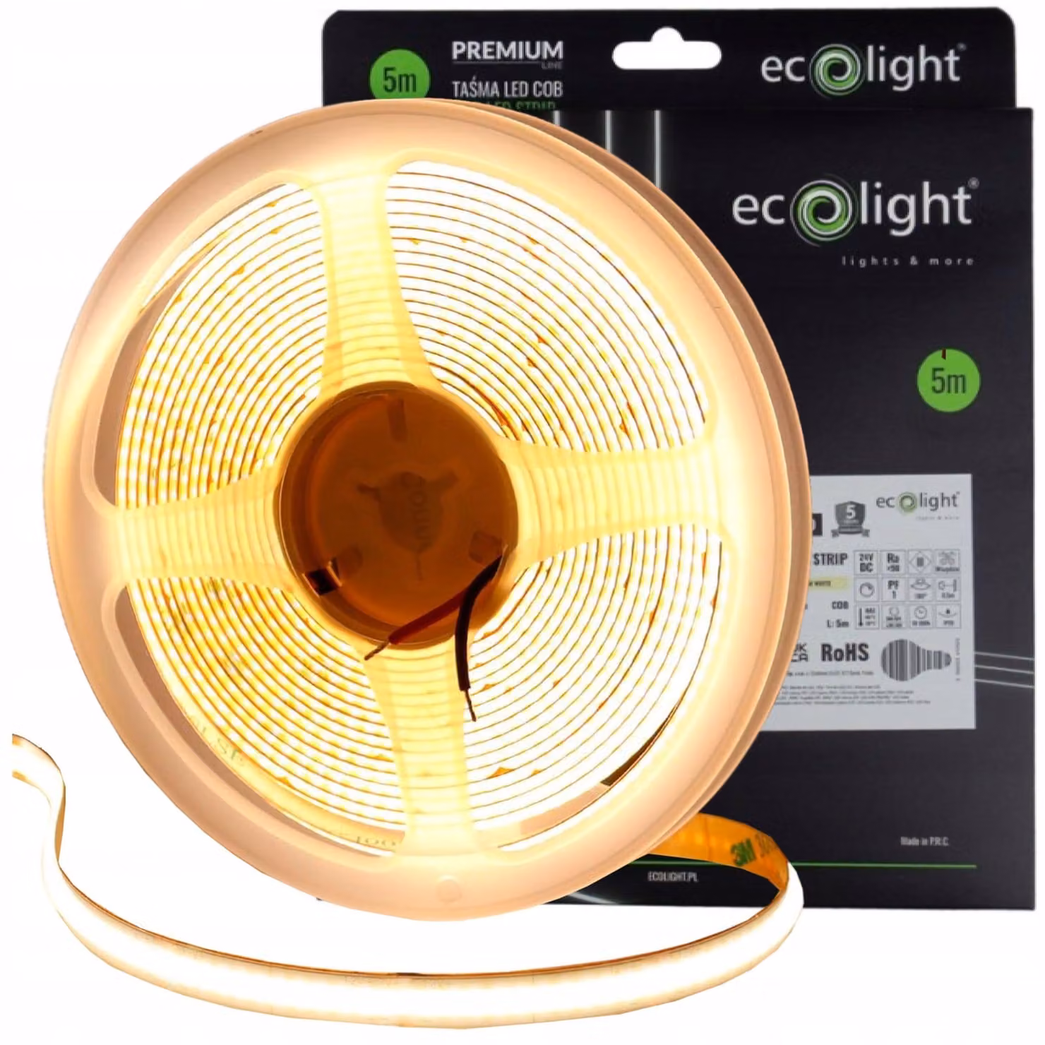 Striscia LED 24V, tecnologia COB, senza punti di luce visibili, 1152 LED per metro, 14W per metro, 1750 lumen per metro, luce calda, lunghezza 5 metri