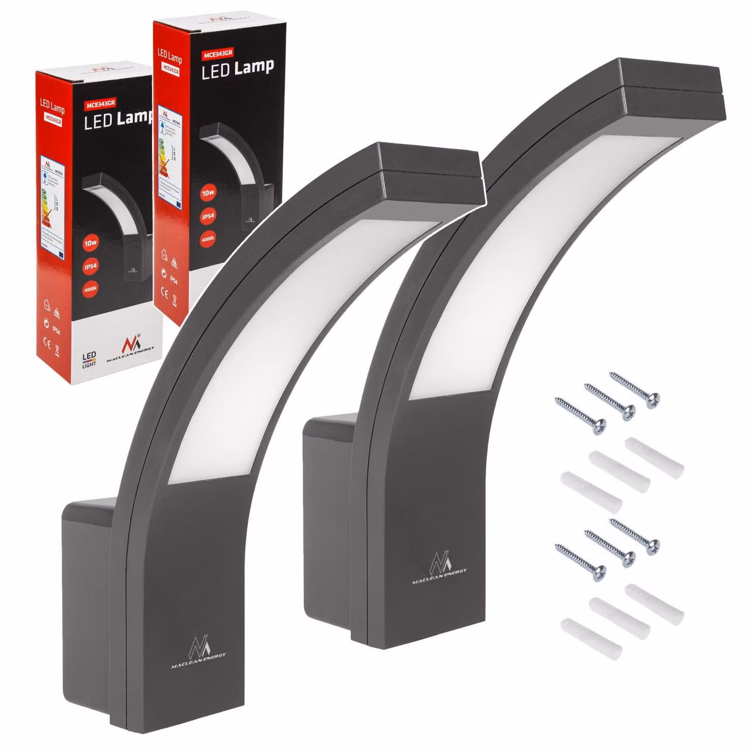 2 lampade da facciata a LED Maclean da 800 lm e 10 W; colore della luce: bianco diurno (4000 K); colore: grigio; codice: MCE343 GR