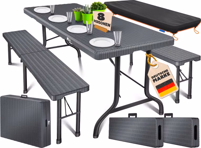 Set da birreria KESSER® 3 pezzi con tavolo e 2 panche | Tavolo da buffet per interni ed esterni Set da giardino pieghevole 183x76x74 cm Tavolo da giardino pieghevole in plastica con copertura e maniglie per il trasporto incluse