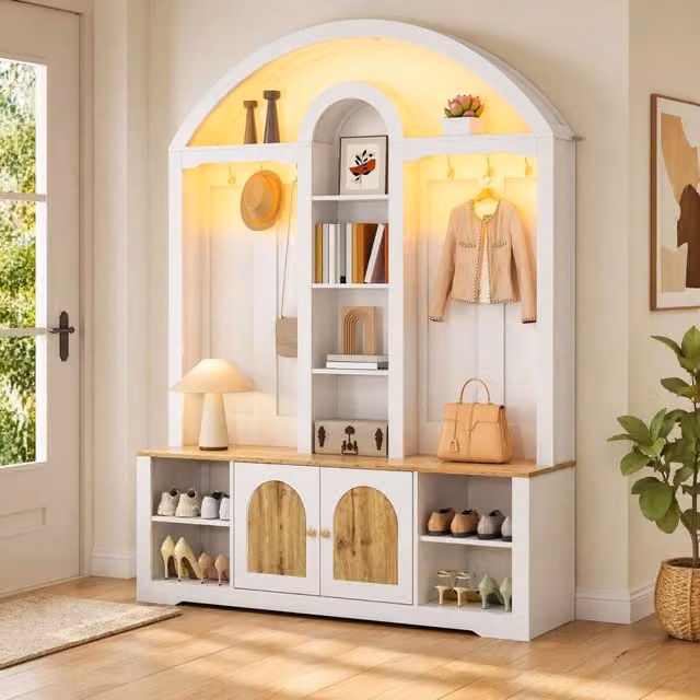 Garderobiera da ingresso curva con ripiani; ganci e LED USB; MDF bianco