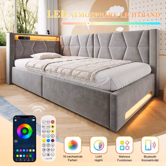 Letto singolo con contenitore Mivray in velluto grigio con illuminazione LED e porta USB Type-C, L/P: 90 x 200 cm