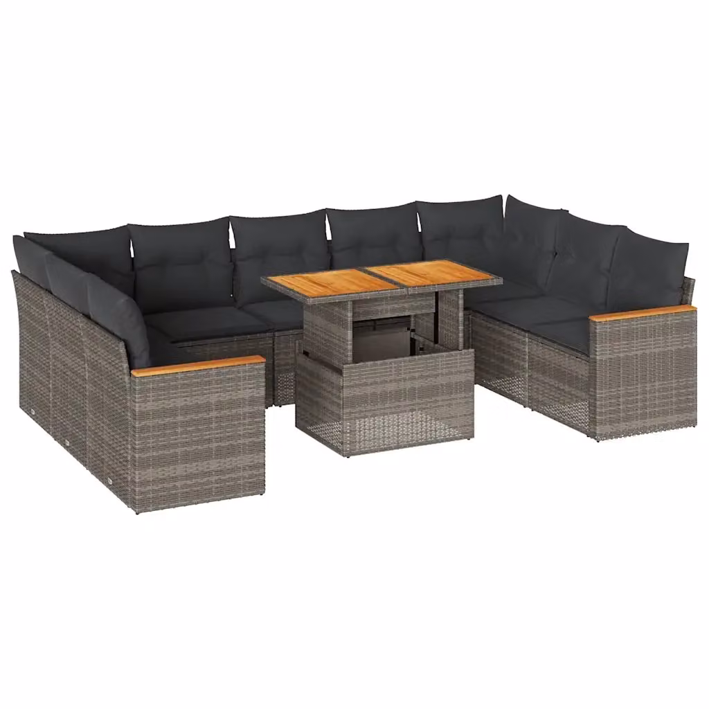 Set da giardino vidaXL a forma di U composto da 10 pezzi in polyrattan e legno di acacia con cuscini grigi e tavolino da esterno – 2