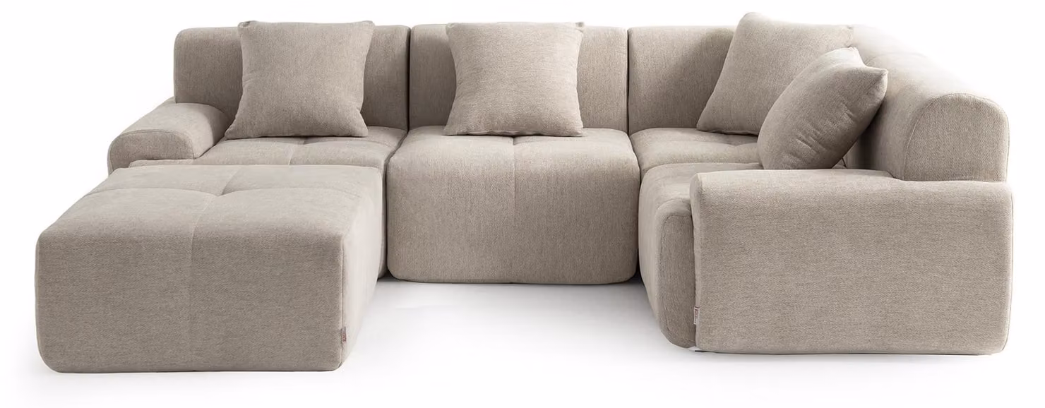 DIVANO ANGOLARE MODULARE MILYSOFA SOFAMOUS, 4 posti, con chaise longue, rivestito in tessuto di ciniglia color sabbia