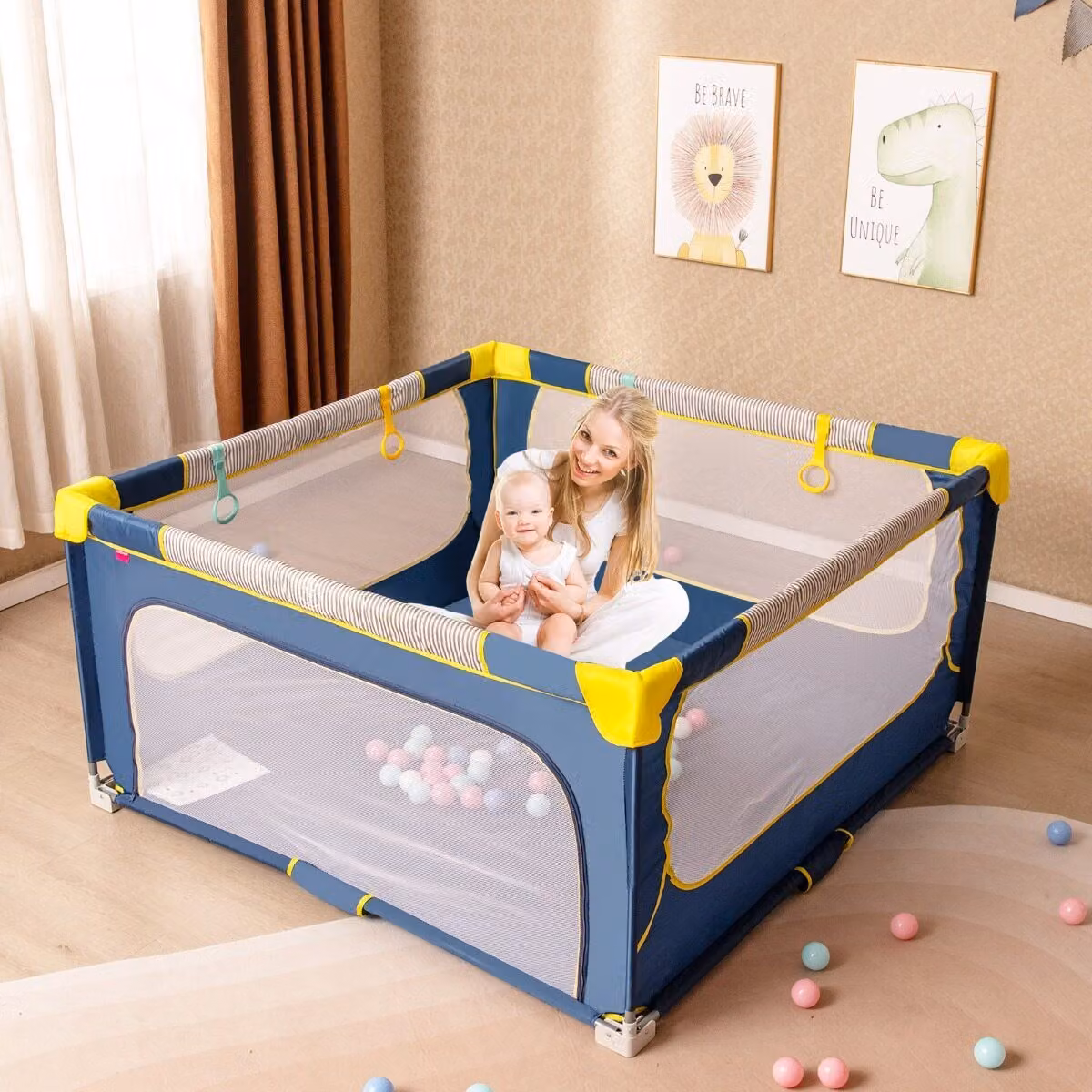 Set di 2 pezzi Costway composto da recinto pieghevole e tappetino da gioco in schiuma multicolore per bambini