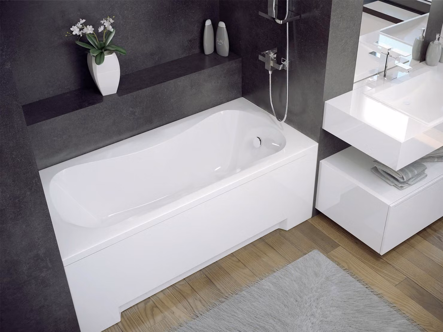 Vasca rettangolare 170x70 con grembiule in acrilico, set di scarico e piedini GRATIS | Set completo 4in1 Vasca originale in acrilico con sifone | BADLAND ARIA