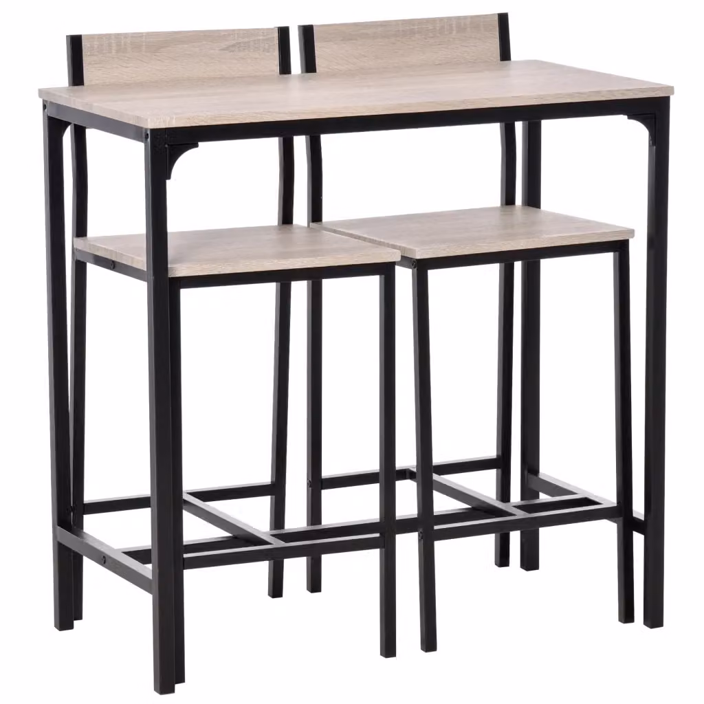 Set tavolo da bar XYLO con 2 sgabelli con schienale in legno naturale e metallo, ideale per cucina e zona pranzo, colori marrone e nero – 2