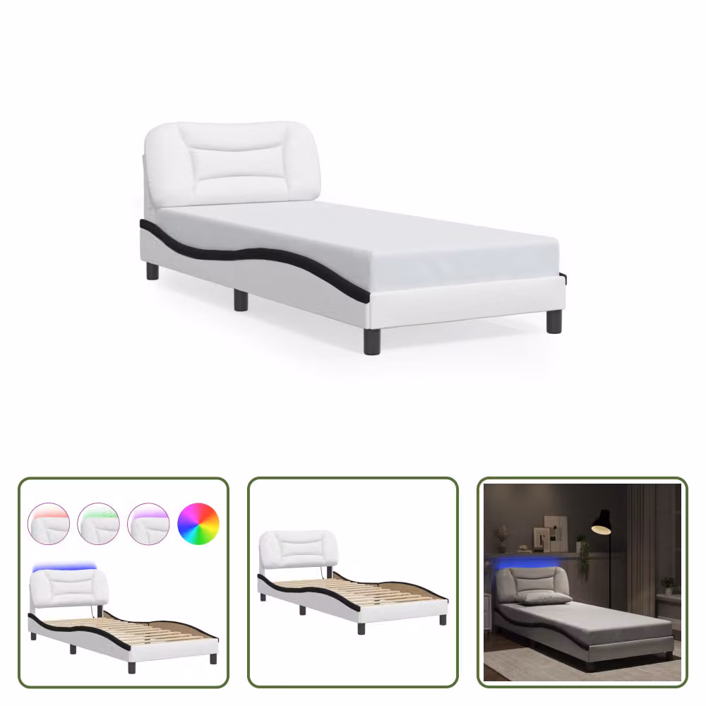 The Living Store Struttura letto con LED bianco e nero 80x200 cm in ecopelle
