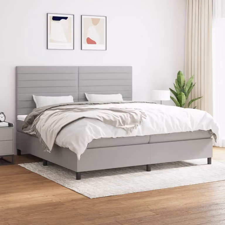 The Living Store Letto a molle con materasso grigio chiaro 200x200 cm in tessuto