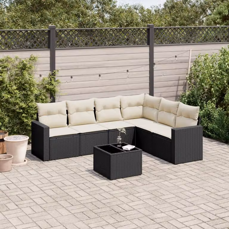 vidaXL Set Divano da Giardino a L con Tavolino e 7 Cuscini, Polyrattan e Metallo, Nero e Bianco