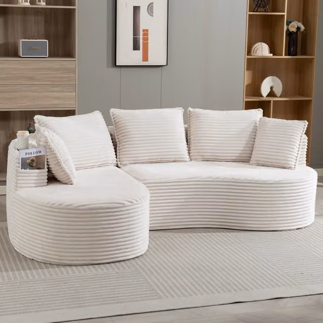 Divano 250.0x152.0x82.0 cm arcuato con portabicchieri e tasche laterali in velluto a coste beige