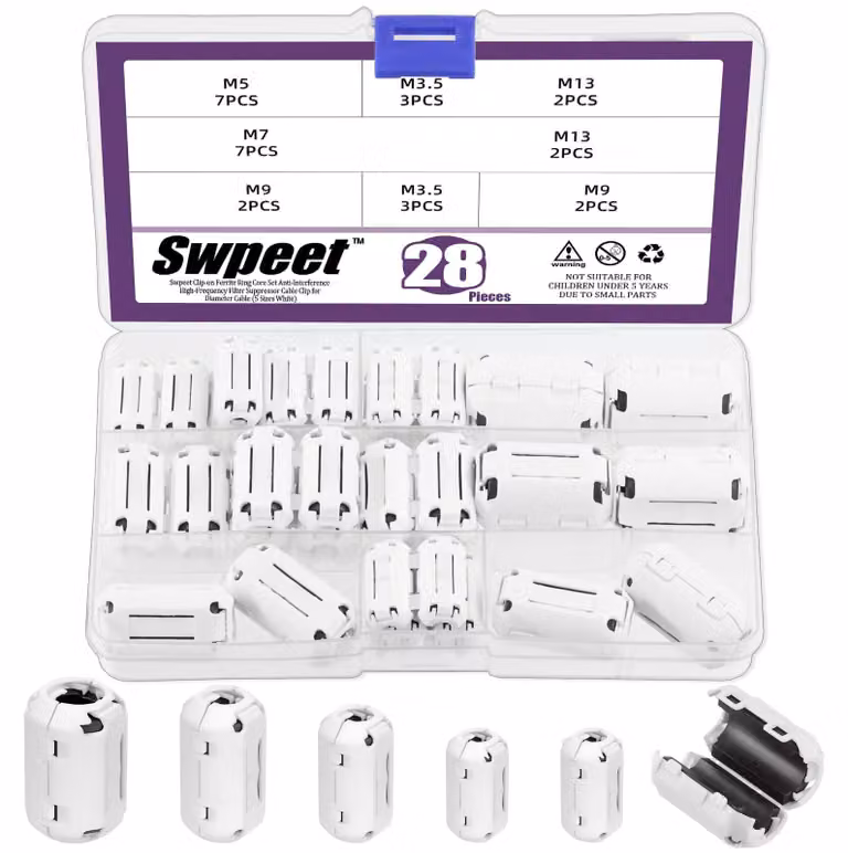 Set di anelli ferromagnetici a clip, 28 pezzi, 5 dimensioni, colore bianco, per cavi da 3,5 a 13 mm