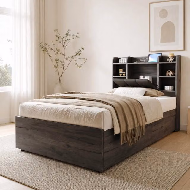 Letto singolo MODFU con contenitore idraulico e testiera con prese USB e Type-C, grigio, L/P/H: 90 x 200 x 221 cm