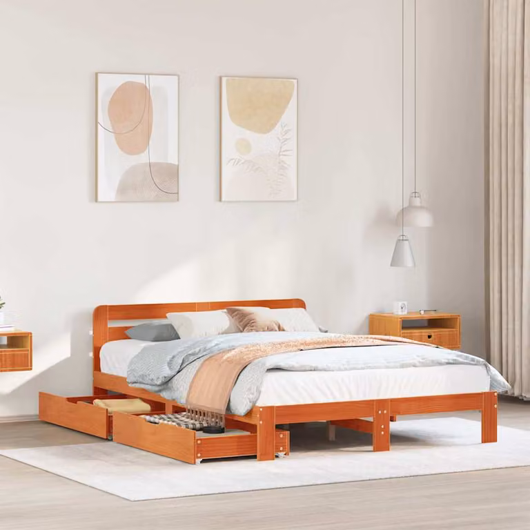 vidaXL Giroletto in Legno di Pino Marrone Cera con Doghe in Legno L/P/H: 150 x 200 cm