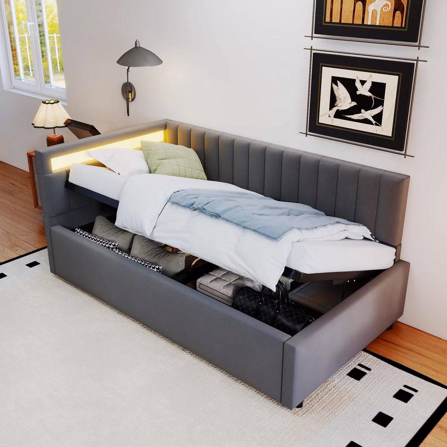 okwish divano letto 90x200cm letto per bambini imbottito con LED e contenitore，testiere laterali intercambiabili, tessuto velluto, senza materasso，grigio scuro