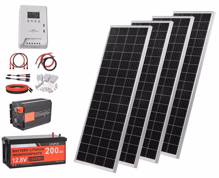 Kit completo di impianto solare SucceBuy da 400W, sistema solare autonomo con 4 pannelli solari monocristallini da 100W, batteria LiFePO4 da 12,8V e 200Ah, regolatore di carica MPPT da 40A e inverter da 12V e 2000W, sistema fotovoltaico per uso domestico