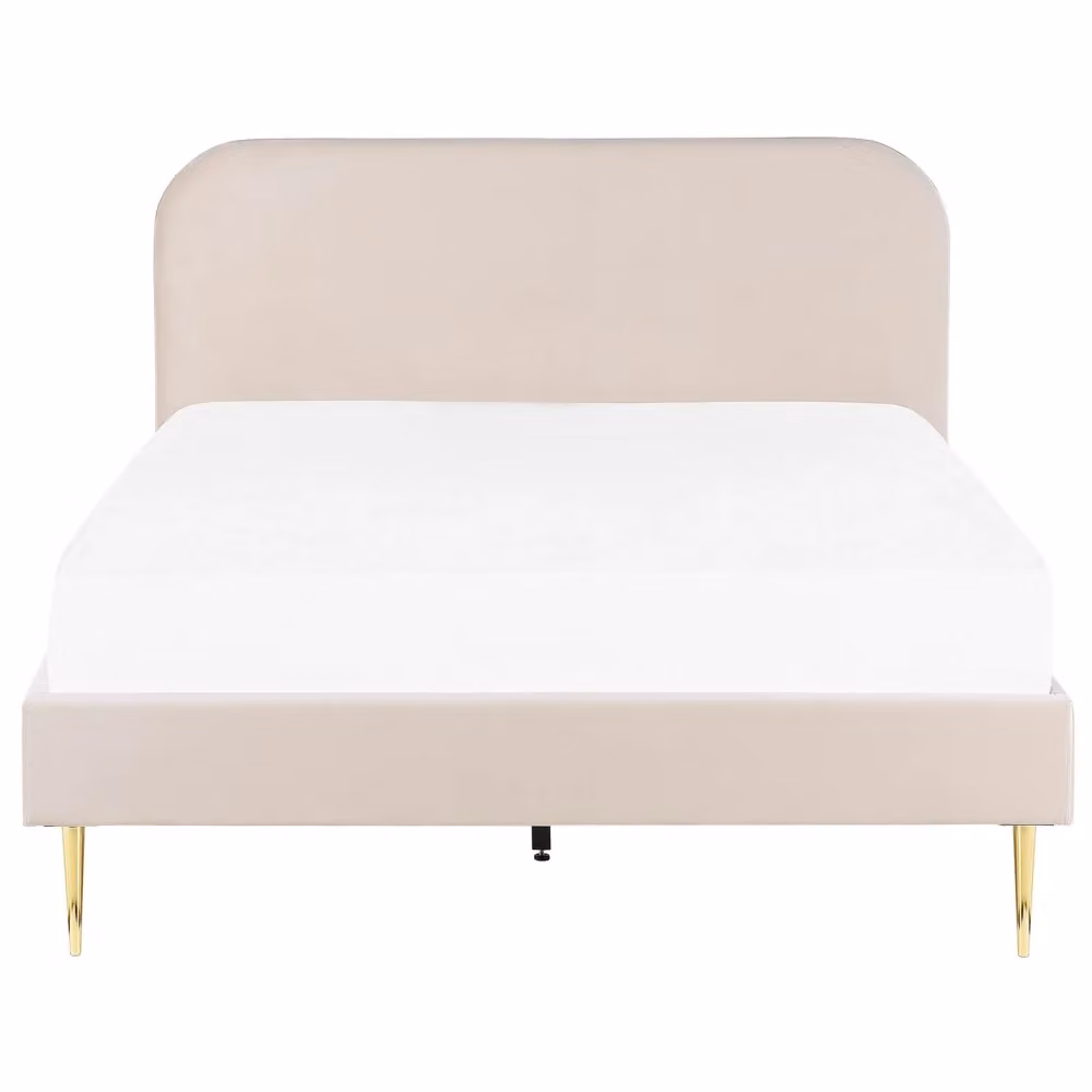 Letto matrimoniale Beliani in velluto beige con gambe dorate e rete a doghe, design minimalista, L/P/H: 140 x 200 x 109 cm – 2