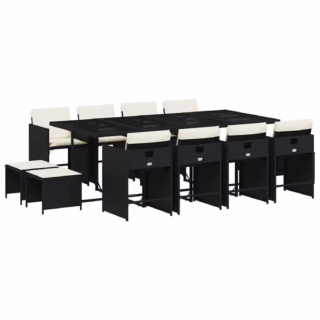 Set da Pranzo da Giardino vidaXL in Polyrattan Nero con Cuscini e Tavolo in Vetro, 13 Pezzi – 2