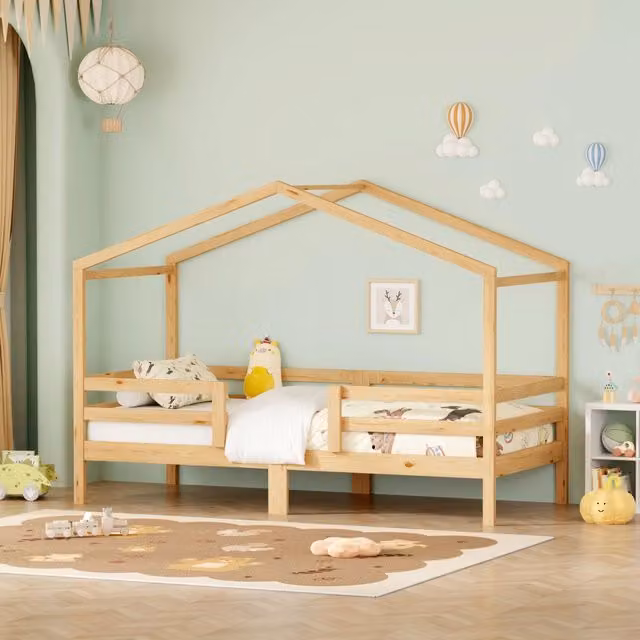 Letto per bambini SINGULARTY a forma di casetta in legno di pino color marrone, L/P: 200 x 90 cm