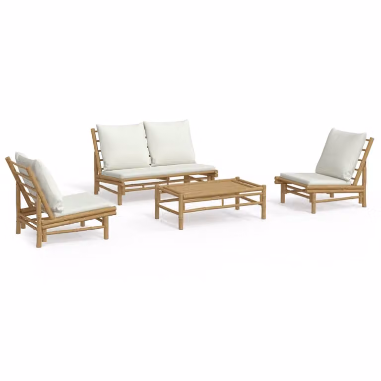 Set Salotto da Giardino 4pz con Cuscini Bianco Crema in Bambù