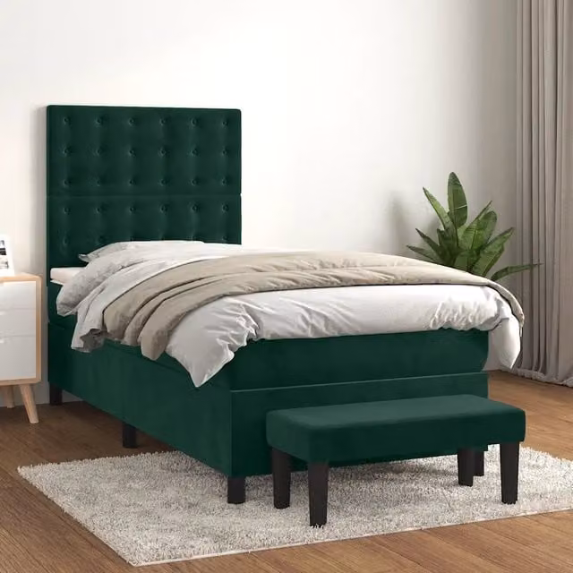 Letto con Giroletto a Molle e Materasso Ibrido vidaXL in Velluto Verde Scuro e Bianco L/P: 100 x 200 cm – 1