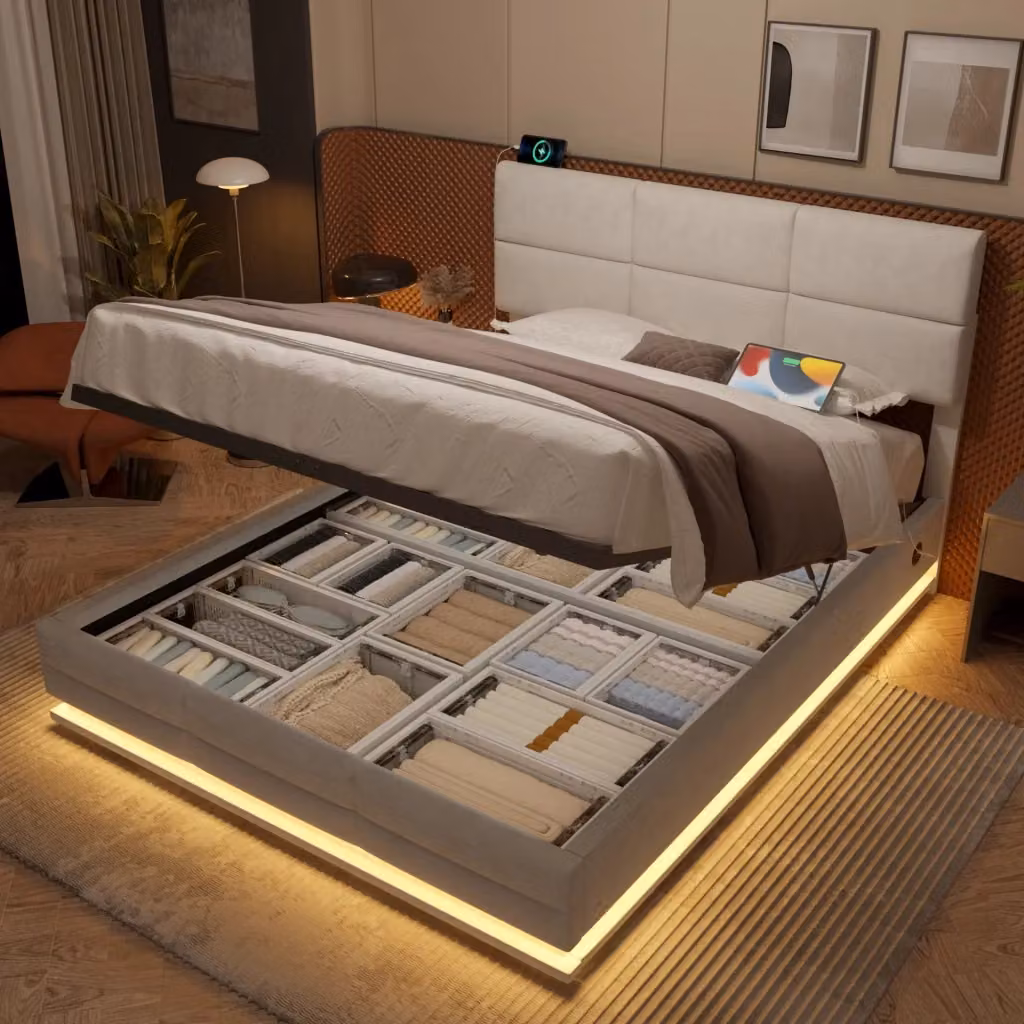 Letto con contenitore Mivray rivestito in velluto beige con testiera regolabile LED dimmerabile e porta USB L/P/H: 140 x 200 x 115 cm – 2