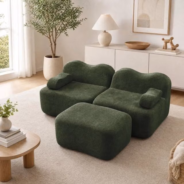 Divano angolare modulare 2-4 posti in velluto verde con pouf HOMVRA