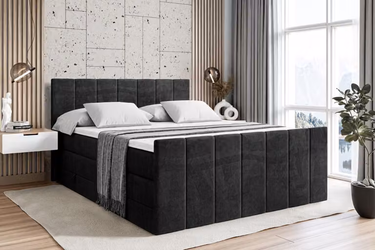 Letto boxspring ALTDECOR con pediera, 2 materassi e topper - 160x200 cm - MOETI-Z KING - Velluto nero - Letto imbottito con materassi H3 e H4, contenitore e rete a doghe, letto con contenitore