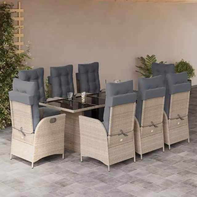 Set Pranzo da Giardino vidaXL in Polyrattan con Piano in Vetro e 9 Cuscini, Grigio Antracite