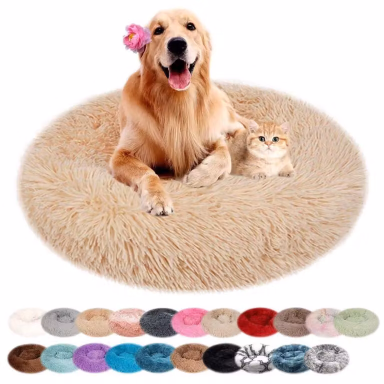 Cuccia per cani, forma rotonda, in peluche, lavabile, color beige chiaro, diametro 120 cm