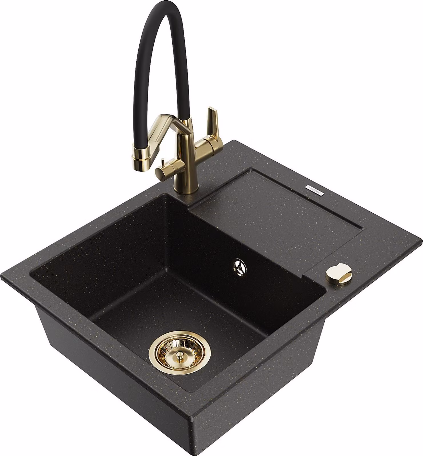 Mexen Enzo lavello da cucina in granito a 1 vasca con scolapiatti e rubinetto Duo, nero/oro metallizzato - 6506-75-671701-57-G