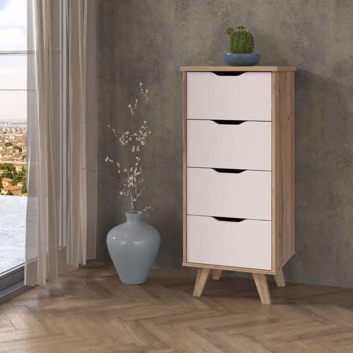 Comò VANKKA con 4 cassetti, decorazione in truciolato rovere e bianco, 45 x 42 x 108 cm