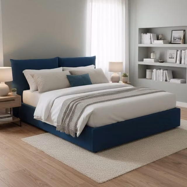 Letto Matrimoniale Aghineo Talamo Italia Blu con Contenitore a Alzata e Rivestimento in Tessuto L/P/H: 160 x 200 x 225 cm