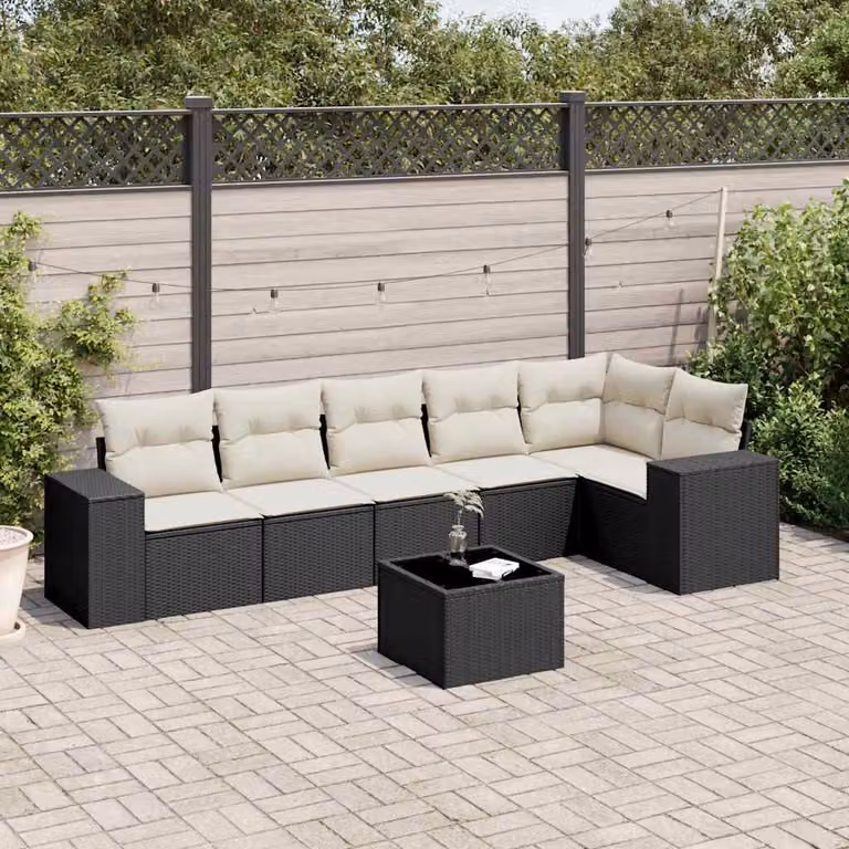 vidaXL Set Divani da Giardino a L con Cuscini 7pz Nero e Bianco in Polyrattan e Acciaio