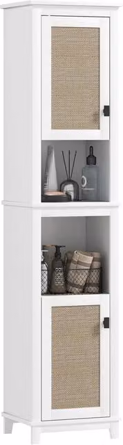 Colonna da bagno Minimal con ante in rattan e ripiani regolabili, Bianco, L 40 cm x P 30 cm x H 167,5 cm