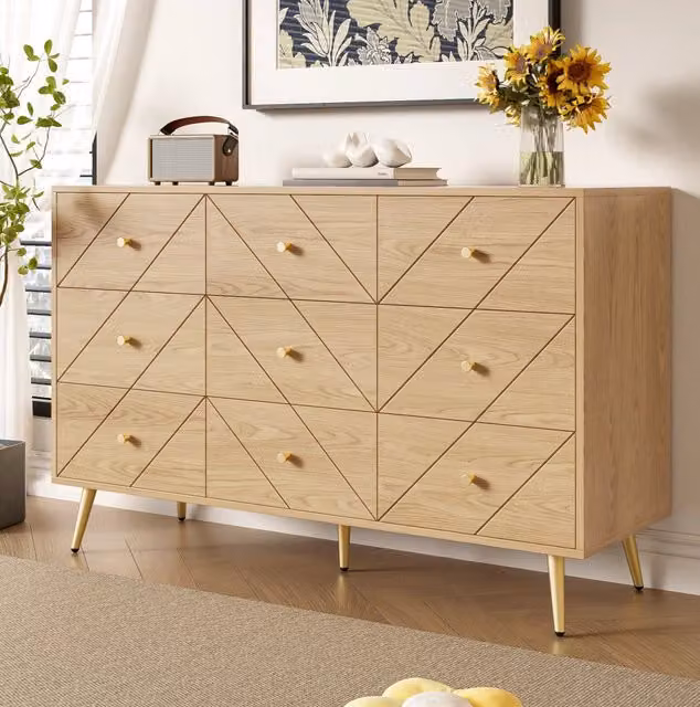 Cassettiera 120x39x80 cm; 9 cassetti con gambe in ferro; pannello truciolare; naturale