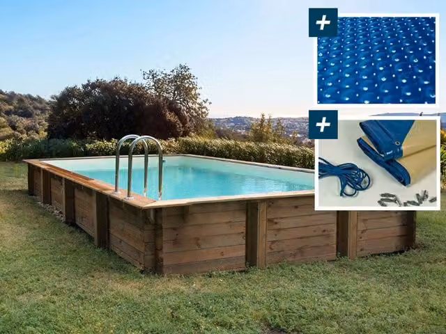Kit piscina rettangolare in legno Kolanta colore marrone con copertura a bolle 400 µ e copertura invernale 280 g/m², L: 10,20 m, P: 5,20 m, H: 1,44 m