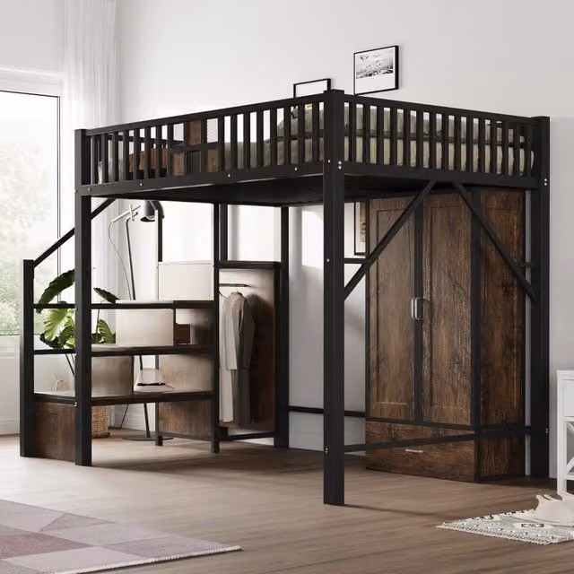 Letto a soppalco 140x200 cm con armadio; cassetto e scala contenitore in metallo e legno nero